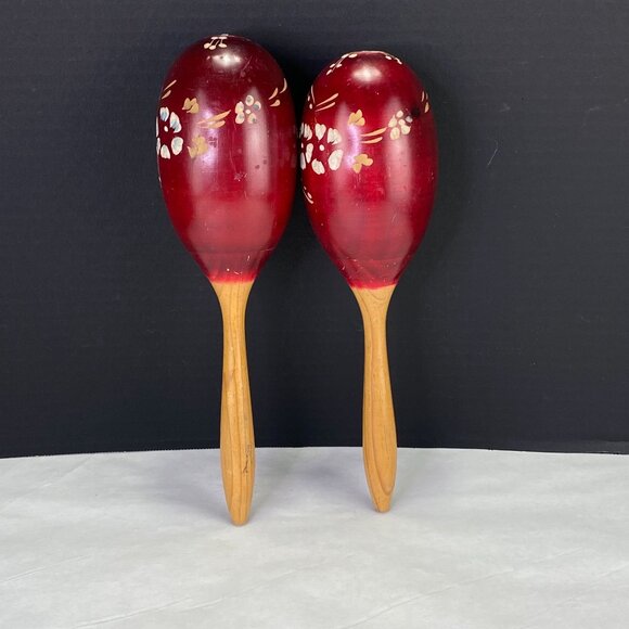 Vintage Red Wood Maracas With Floral Design - Picture 2 of 12